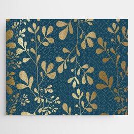 Floral Leaves, Teal and Gold Jigsaw Puzzle