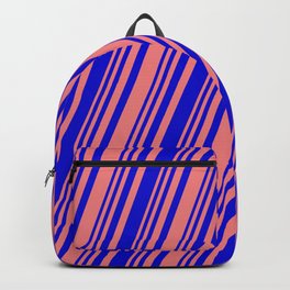 [ Thumbnail: Light Coral & Blue Colored Lines/Stripes Pattern Backpack ]