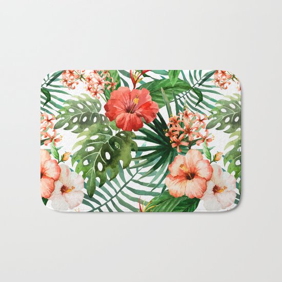 Hibiscus and Palm Leaf Pattern Bath Mat