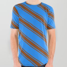 [ Thumbnail: Blue & Brown Colored Lined/Striped Pattern All Over Graphic Tee ]