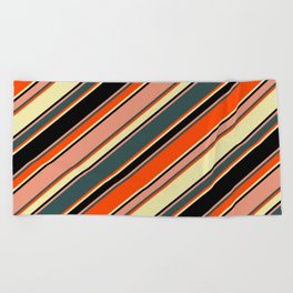 [ Thumbnail: Vibrant Dark Salmon, Dark Slate Gray, Red, Pale Goldenrod, and Black Colored Lines/Stripes Pattern Beach Towel ]