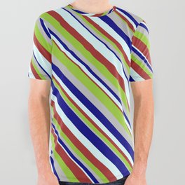 [ Thumbnail: Blue, Light Cyan, Brown, Green, and Grey Colored Striped Pattern All Over Graphic Tee ]
