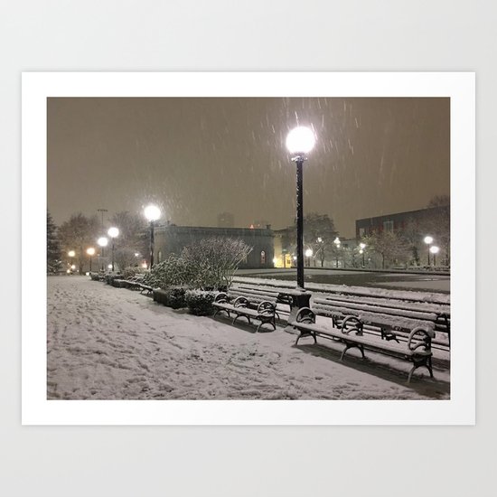 Romantic Seattle Snow At Night Art Print