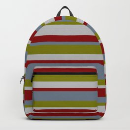 [ Thumbnail: Slate Gray, Green, Grey & Dark Red Colored Pattern of Stripes Backpack ]