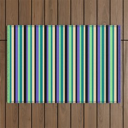 [ Thumbnail: Eye-catching Slate Blue, Black, Tan, Teal & Light Green Colored Stripes/Lines Pattern Outdoor Rug ]