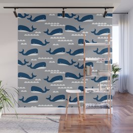 Whales nautical ocean theme grey kids room nursery boys or girls decor Wall Mural