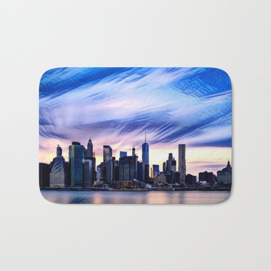 Romantic City Cityscape with Light Sunset and River Bath Mat