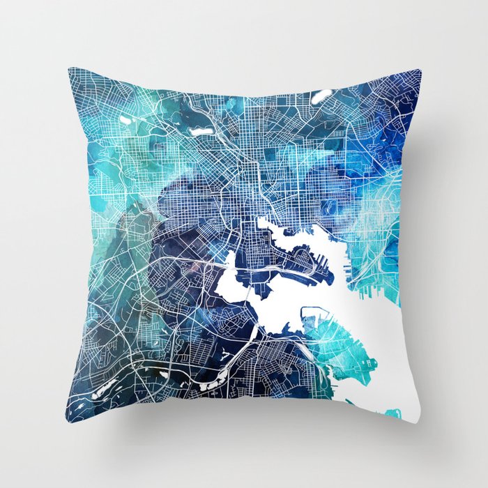 Baltimore Maryland USA Map Navy Blue Turquoise Watercolor Throw Pillow