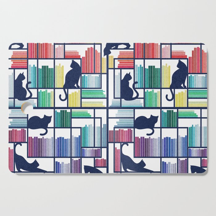 Rainbow bookshelf // white background navy blue shelf and library cats Cutting Board