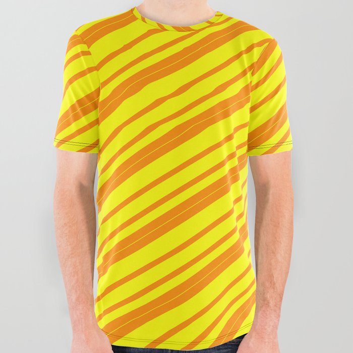 Dark Orange and Yellow Colored Lined/Striped Pattern All Over Graphic Tee
