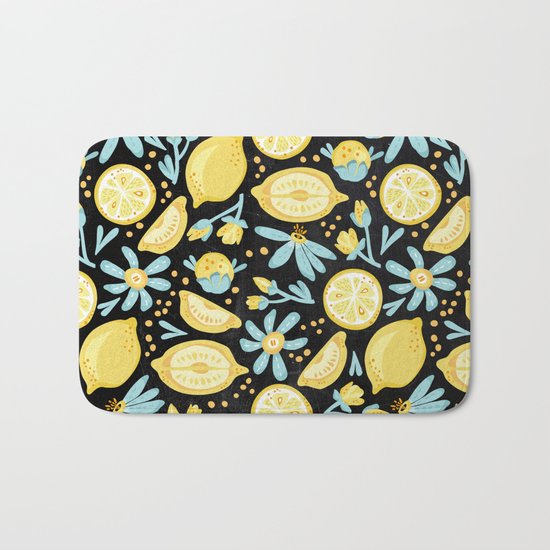 Lemon Pattern Black Bath Mat