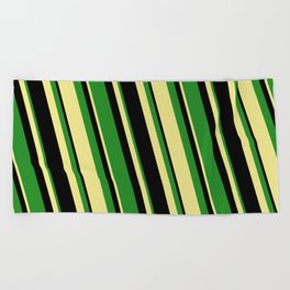 [ Thumbnail: Black, Forest Green, and Tan Colored Stripes Pattern Beach Towel ]