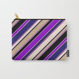 [ Thumbnail: Eye-catching Tan, Dark Violet, Beige, Black, and Midnight Blue Colored Lined/Striped Pattern Carry-All Pouch ]
