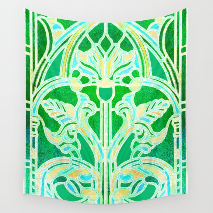 Art Nouveau Lime Green and Gold Batik Texture Wall Tapestry