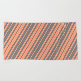 [ Thumbnail: Gray & Light Salmon Colored Lined/Striped Pattern Beach Towel ]