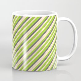 [ Thumbnail: Bisque, Green & Dim Gray Colored Pattern of Stripes Coffee Mug ]