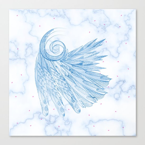 Beautiful Feathers on Blue Marble Design Canvas Print