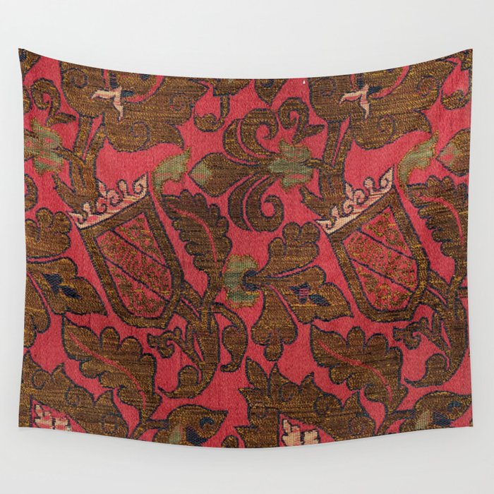Antique Spanish Red Floral Silk and Satin Weave Wall Tapestry