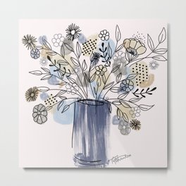 Contemporary Loose Floral Arrangement in a Blue Vase Metal Print | Garden, Botanical, Bouquet, Marks, Flowerdisplay, Arrangement, Blossom, Beige, Grey, Abstract 