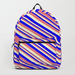 [ Thumbnail: Blue, Light Coral, and Light Yellow Colored Stripes Pattern Backpack ]