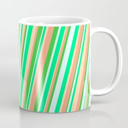 [ Thumbnail: Vibrant Light Cyan, Green, Tan, Light Salmon & Lime Green Colored Striped Pattern Coffee Mug ]