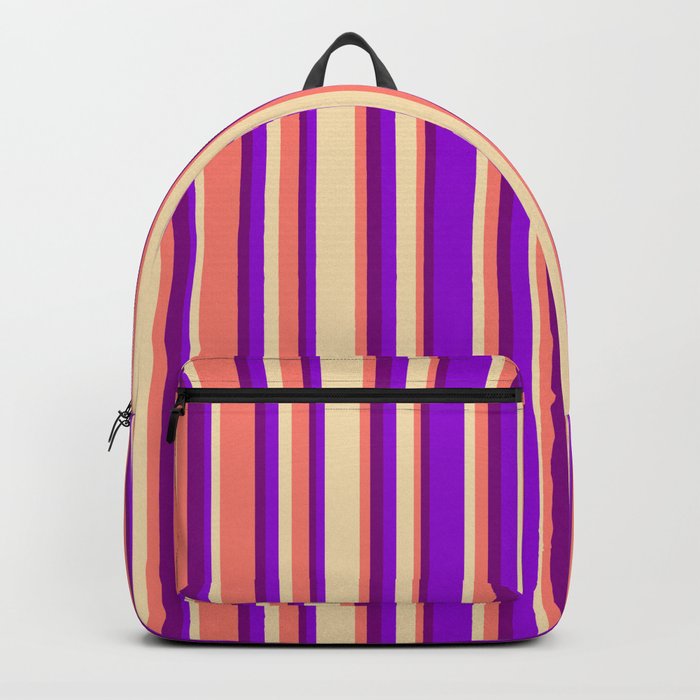 Tan, Dark Violet, Purple, and Salmon Colored Striped Pattern Backpack