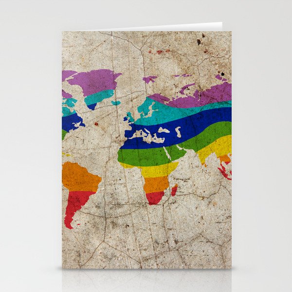 Rainbow color painted world map on dirty old grunge cement wall Stationery Cards