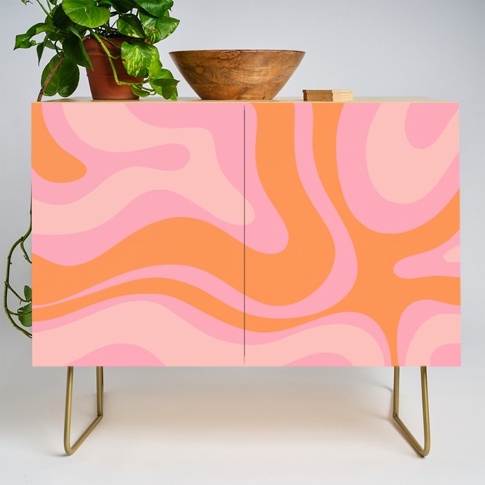 Modern Liquid Swirl Abstract Pattern Square in Retro Pink and Orange Credenza
