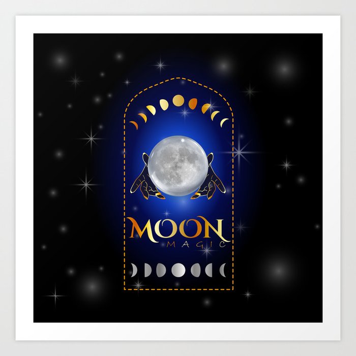 Witch Hands holding the full moon performing a white magic healing ritual	 Art Print