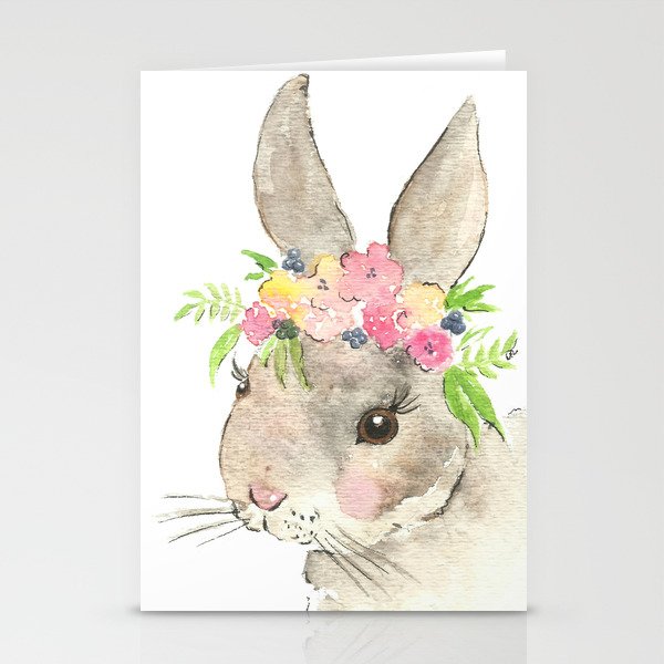 Bunny With Flower Crown Watercolor Stationery Cards By