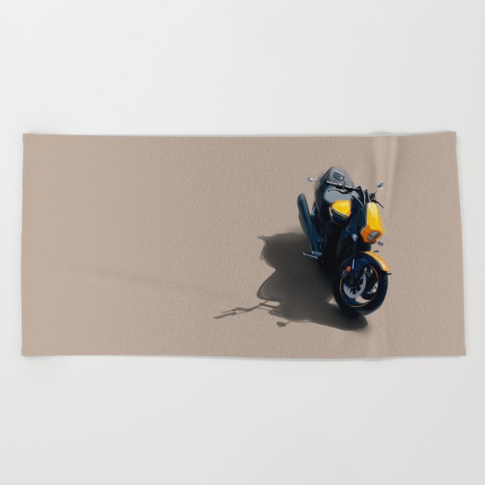  A modern, bright yellow and black motorcycle parked outside on a sunny day Beach Towel