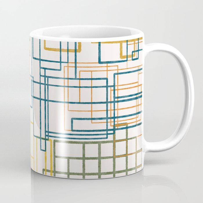 Mid-Century Modern Geometric Watercolor Abstraction in Moroccan Orange Ochre Olive Teal Cream Coffee Mug