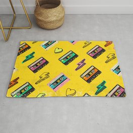 70's, 80's cassette tape vintage retro background. Fashionable poster simple graphic old style with heart and flash. Disco love party 1980. Yellow Area & Throw Rug