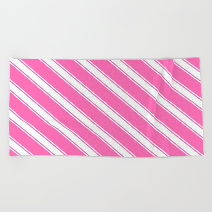 Hot Pink and Mint Cream Colored Striped/Lined Pattern Beach Towel