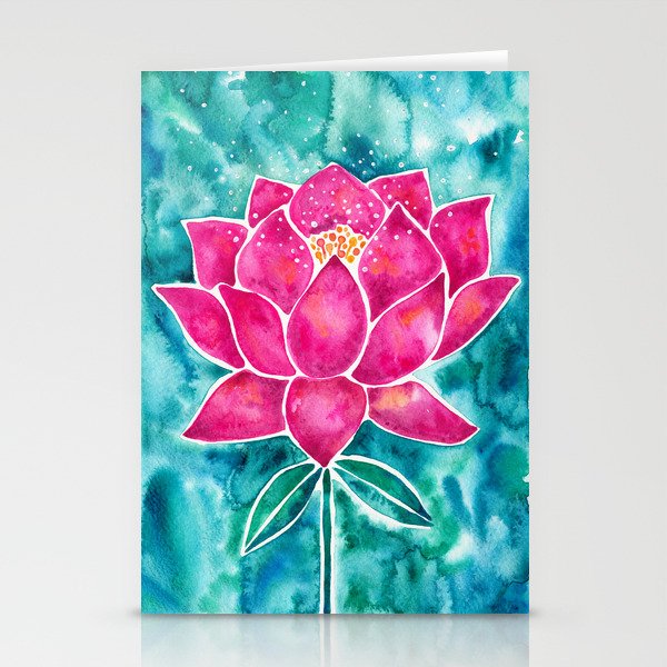 Sacred Lotus – Magenta Blossom with Turquoise Wash Stationery Cards