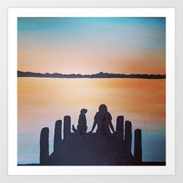 A boy and his dog Art Print | Lake, Dock, Painting, Boyanddog, Sunset, Silhouetteart, Canvas, Acrylic 