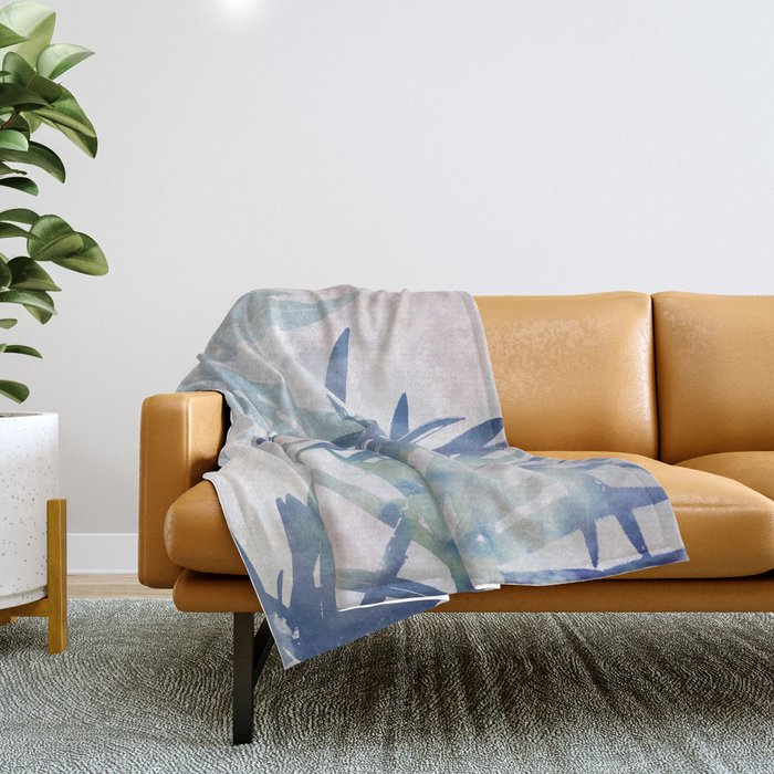 Navy Blue and Blush Pink Palm Leaf Watercolor Painting Throw Blanket