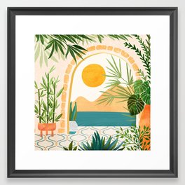 Villa View Tropical Landscape / Villa Series Framed Art Print | Curated, Painted, Mediterranean, Vacation, Architecture, Home, Illustration, Sunset, Plants, Tropical 