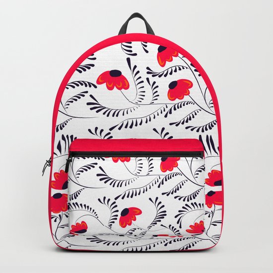 The floral pattern . Red flowers with black leaves . Backpack