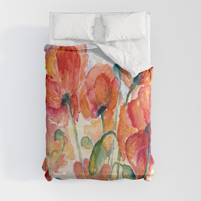 Tangerine Orange Poppy field WaterColor by CheyAnne Sexton Comforter