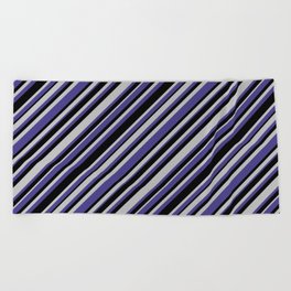 [ Thumbnail: Grey, Dark Slate Blue, and Black Colored Lined/Striped Pattern Beach Towel ]