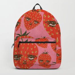 Unimpressed Strawberry Backpack | Pink, Faces, Curated, Digital, Vintage, Strawberry, Drawing, Fruit, Red, Pattern 