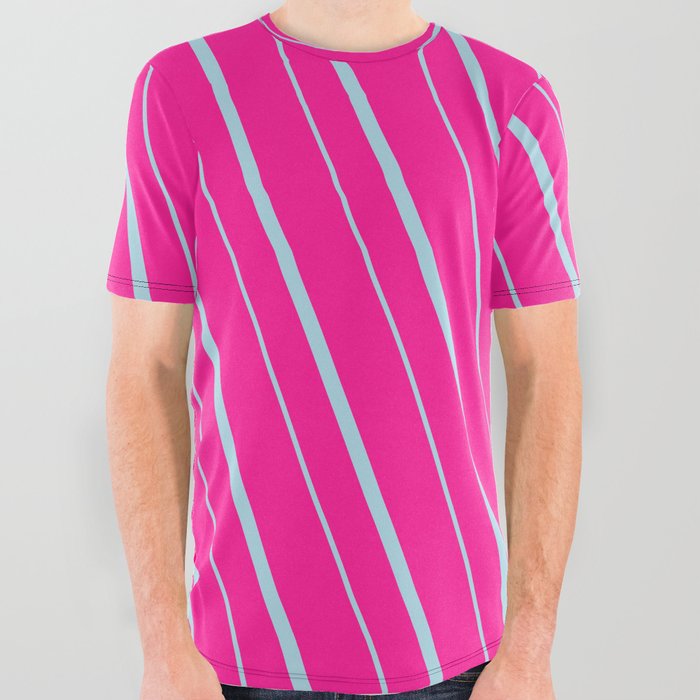 Deep Pink & Light Blue Colored Stripes/Lines Pattern All Over Graphic Tee