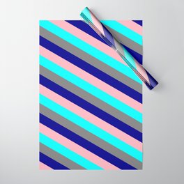 [ Thumbnail: Aqua, Gray, Dark Blue, and Light Pink Colored Striped Pattern Wrapping Paper ]