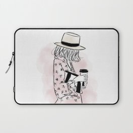 Casual young girl wearing hat and floral dress, clutch bag and a cup of coffee ready to hustle Laptop Sleeve