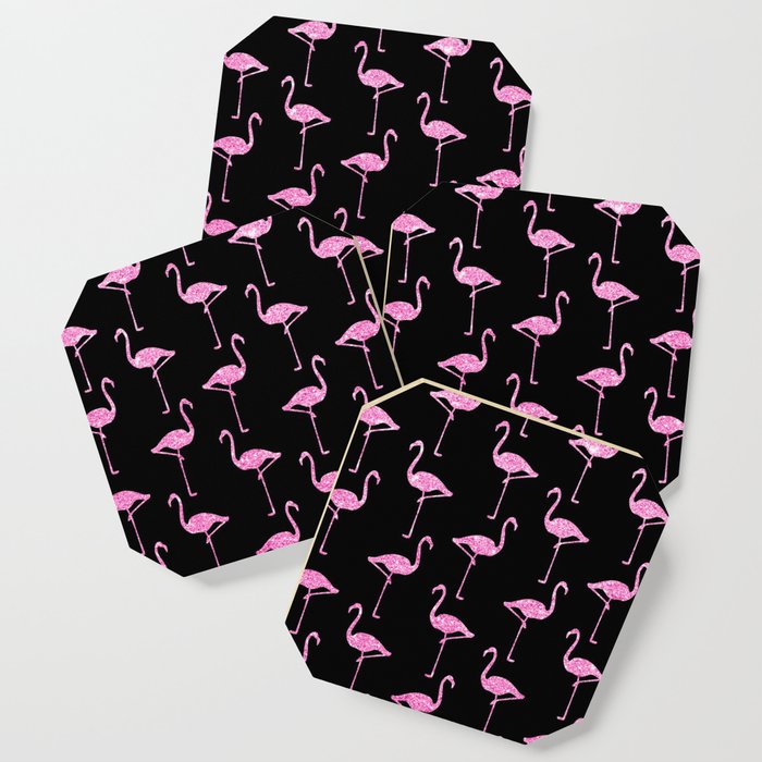 Pink Glitter Flamingo Pattern  |  Black Background Coaster