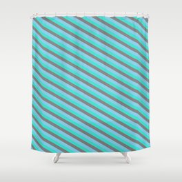 [ Thumbnail: Turquoise, Grey & Sky Blue Colored Striped Pattern Shower Curtain ]