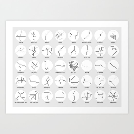 Mini Metros - U.S. and Canada (Black & White) Art Print