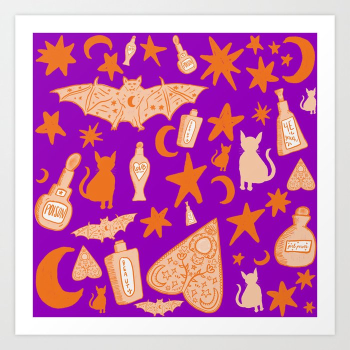 Witchy Halloween Doodles, Orange over Purple Art Print