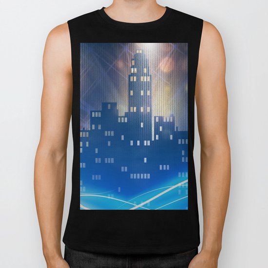 Neon city skyline by night metallic look print Biker Tank